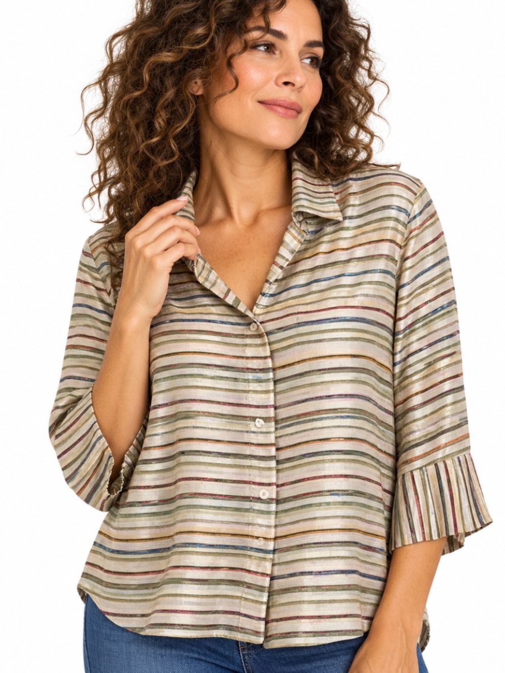 Chico’s Silk Striped Button Down Blouse – Fall Earth Tones, Size 1 (M)